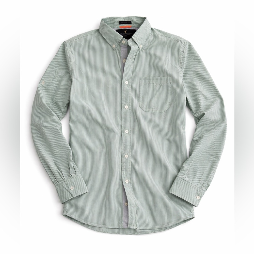 American Eagle Men’s Striped Button Down Shirt Green White Long Sleeve Vintage